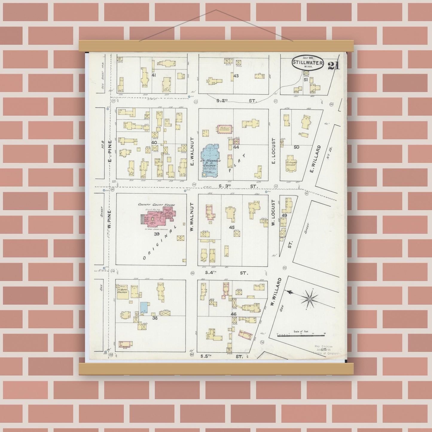Old map wall art mockup — magnetic wood frame on brick wall — Sanborn Fire Insurance Map from Stillwater, Washington County, Minnesota (1891), Sheet #0021