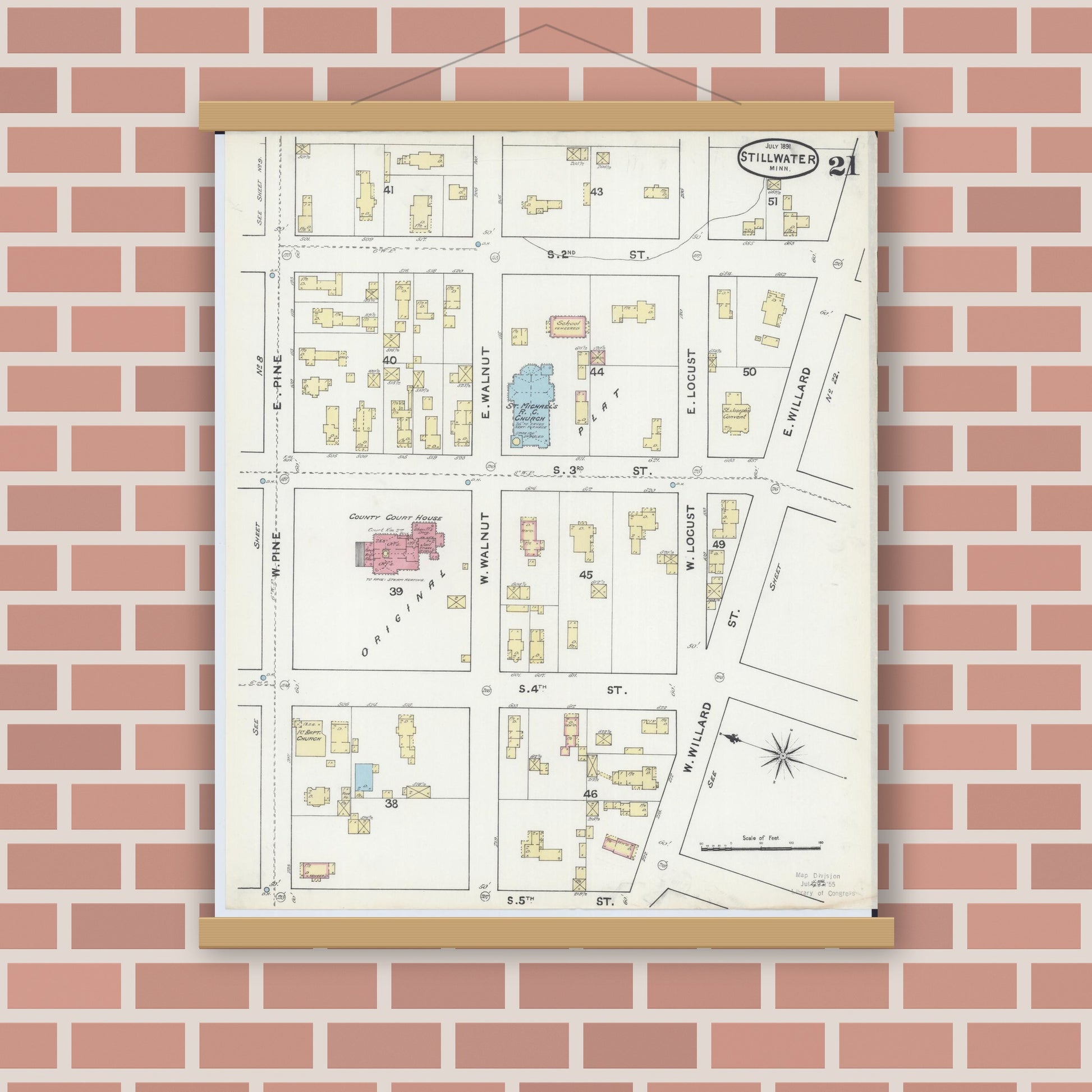 Old map wall art mockup — magnetic wood frame on brick wall — Sanborn Fire Insurance Map from Stillwater, Washington County, Minnesota (1891), Sheet #0021