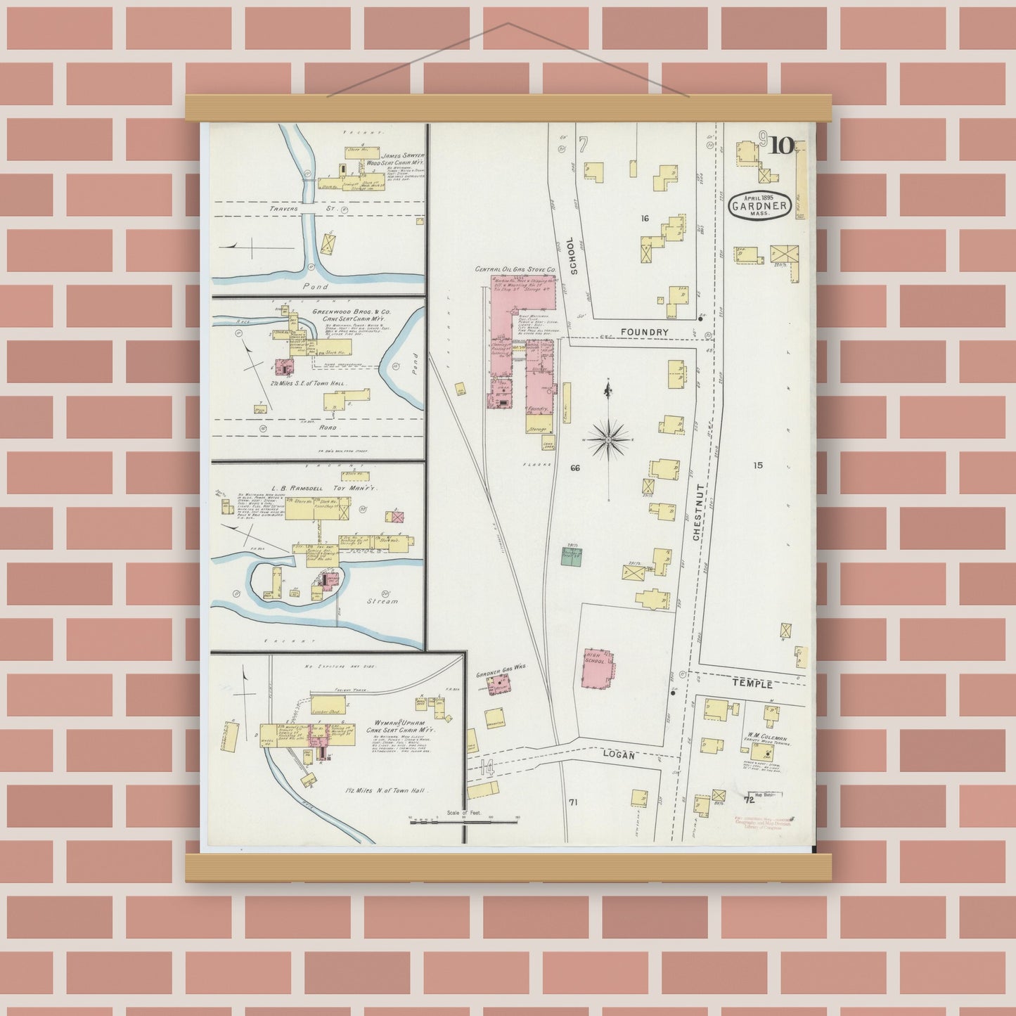 Old map wall art mockup — magnetic wood frame on brick wall — Sanborn Fire Insurance Map from Gardner, Worcester County, Massachusetts (1895), Sheet #0010