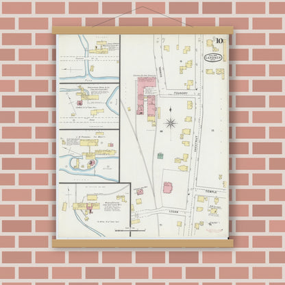 Old map wall art mockup — magnetic wood frame on brick wall — Sanborn Fire Insurance Map from Gardner, Worcester County, Massachusetts (1895), Sheet #0010