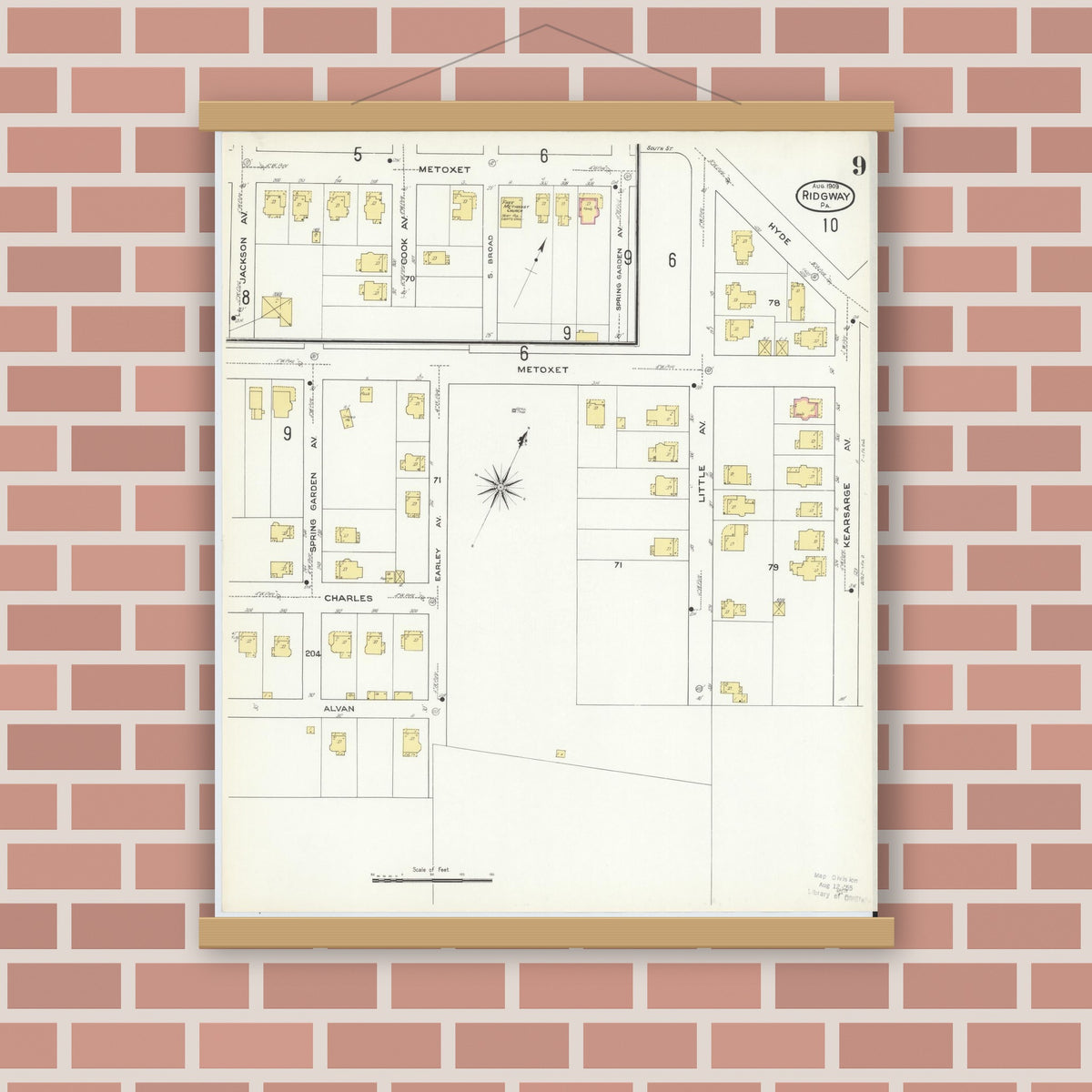 Old map wall art mockup — magnetic wood frame on brick wall — Sanborn Fire Insurance Map from Ridgway, Elk County, Pennsylvania (1909), Sheet #0009