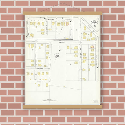 Old map wall art mockup — magnetic wood frame on brick wall — Sanborn Fire Insurance Map from Ridgway, Elk County, Pennsylvania (1909), Sheet #0009
