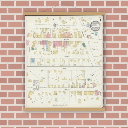 Old map wall art mockup — magnetic wood frame on brick wall — Sanborn Fire Insurance Map from Shullsburg, Lafayette County, Wisconsin (1894), Sheet #0001