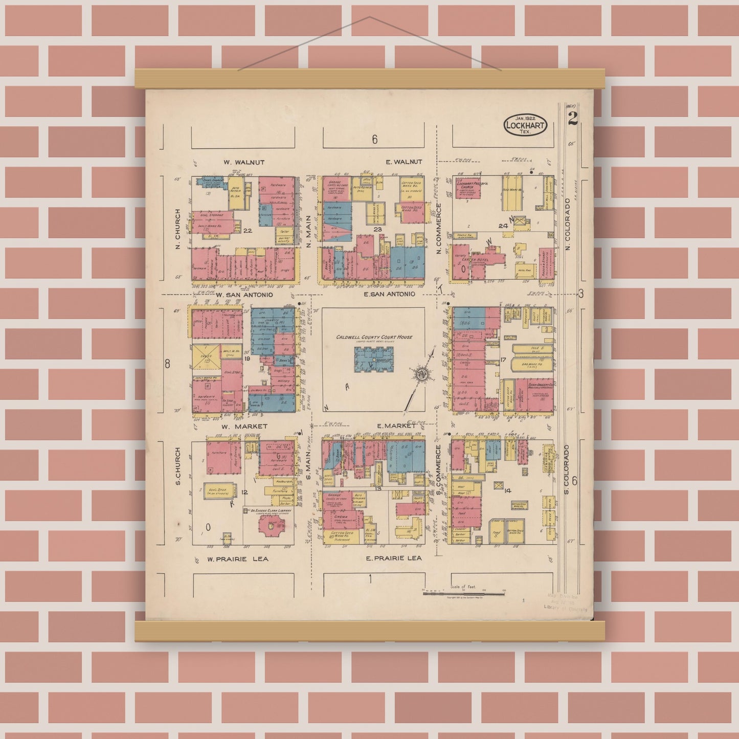 Old map wall art mockup — magnetic wood frame on brick wall — Sanborn Fire Insurance Map from Lockhart, Caldwell County, Texas (1922), Sheet #0002