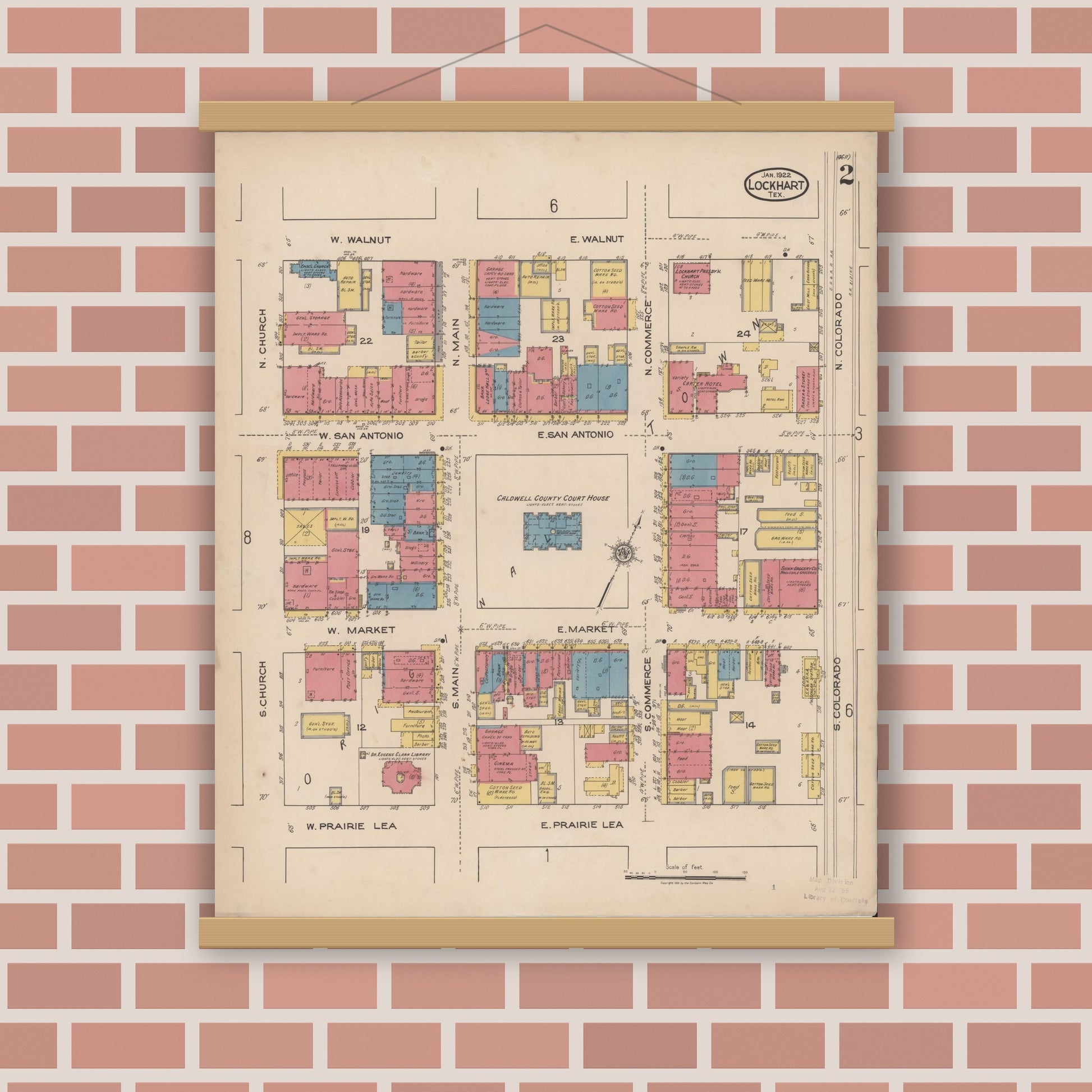 Old map wall art mockup — magnetic wood frame on brick wall — Sanborn Fire Insurance Map from Lockhart, Caldwell County, Texas (1922), Sheet #0002