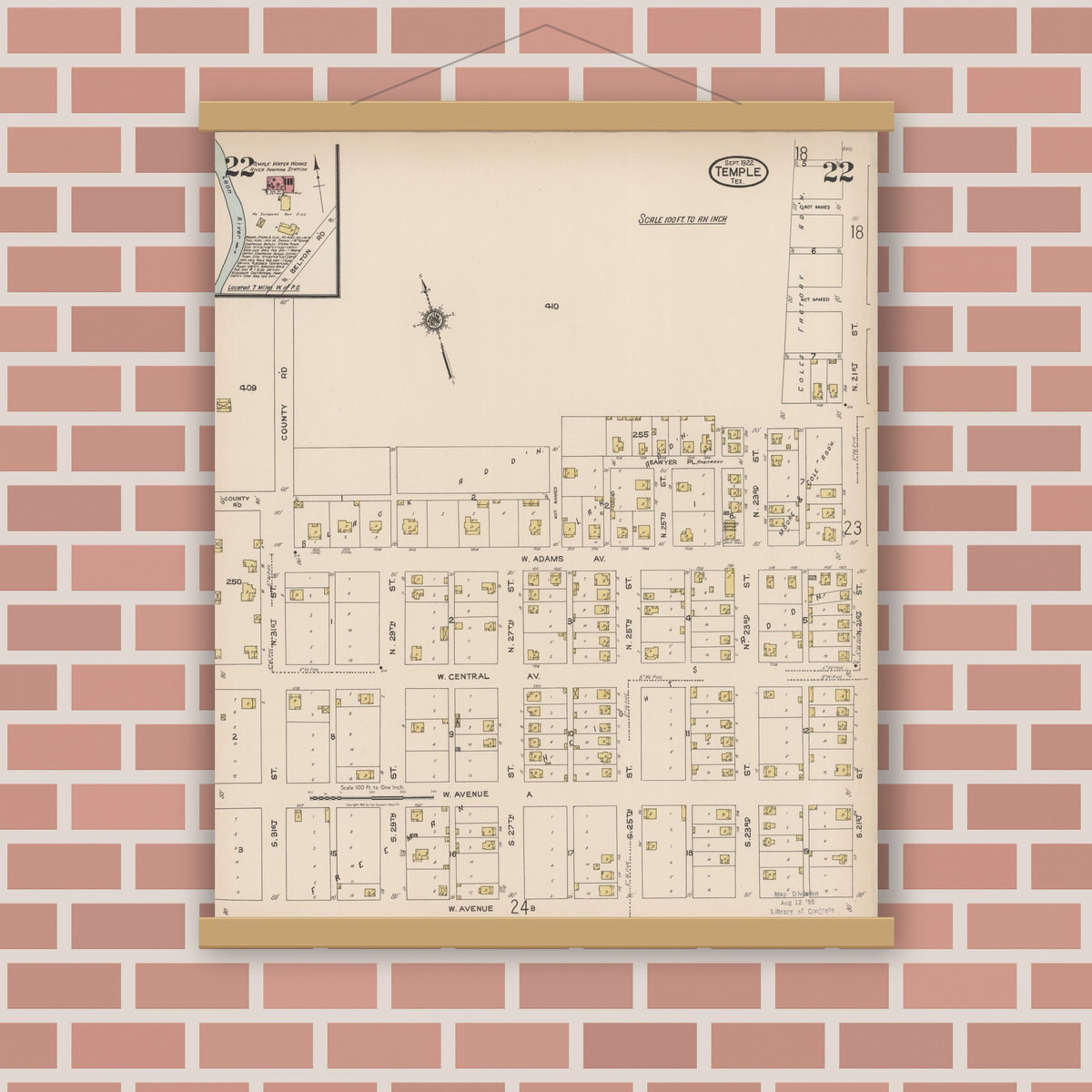 Old map wall art mockup — magnetic wood frame on brick wall — Sanborn Fire Insurance Map from Temple, Bell County, Texas (1922), Sheet #0022