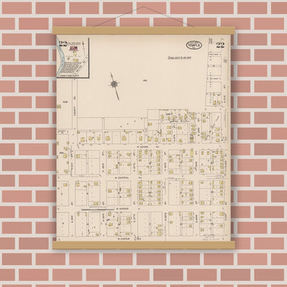 Old map wall art mockup — magnetic wood frame on brick wall — Sanborn Fire Insurance Map from Temple, Bell County, Texas (1922), Sheet #0022