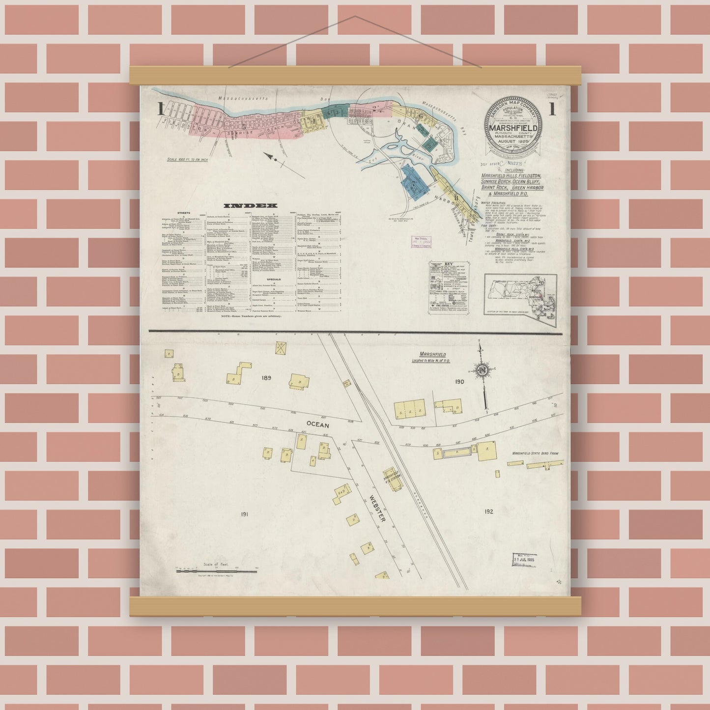 Old map wall art mockup — magnetic wood frame on brick wall — Sanborn Fire Insurance Map from Marshfield, Plymouth County, Massachusetts (1925) - Complete Map Set