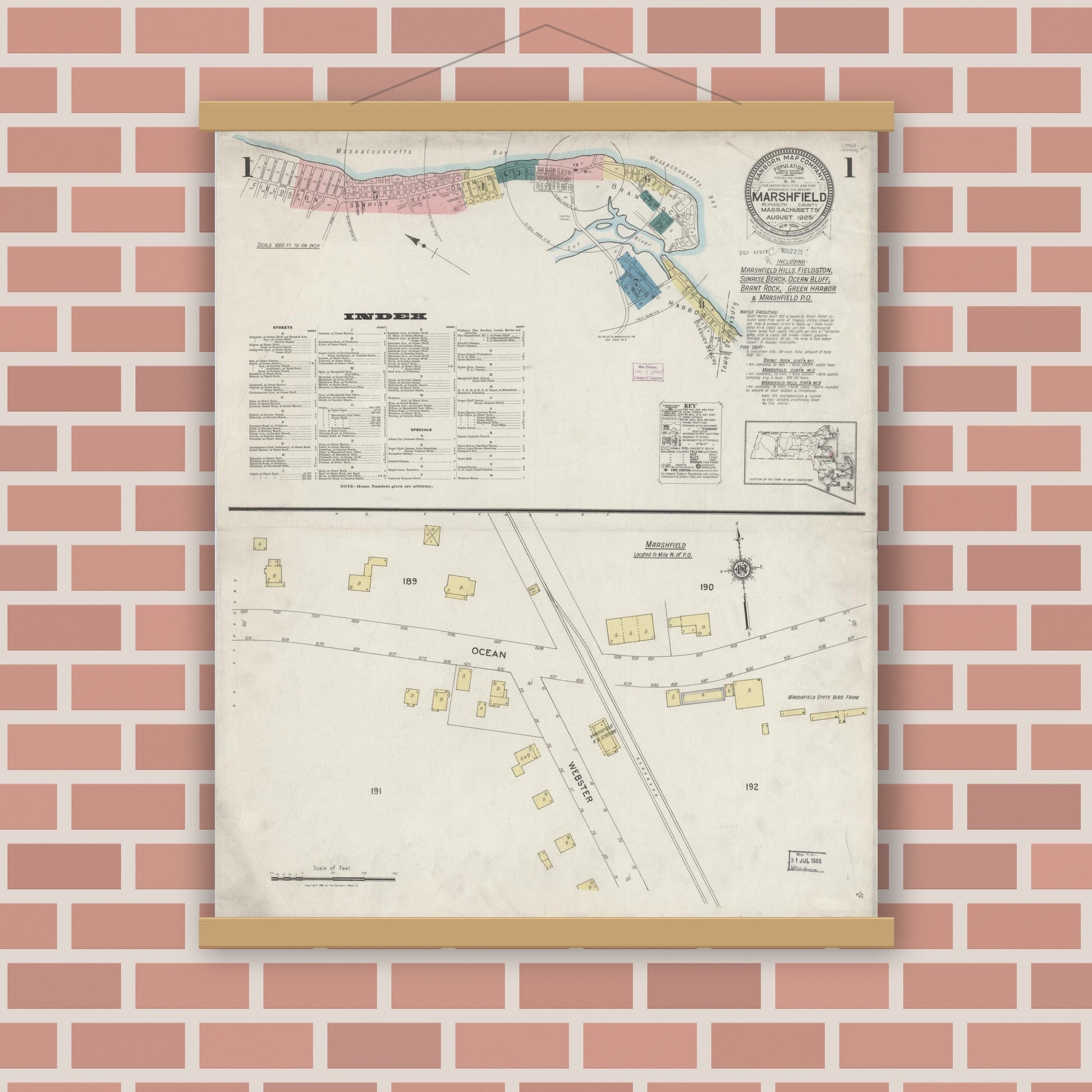 Old map wall art mockup — magnetic wood frame on brick wall — Sanborn Fire Insurance Map from Marshfield, Plymouth County, Massachusetts (1925) - Complete Map Set