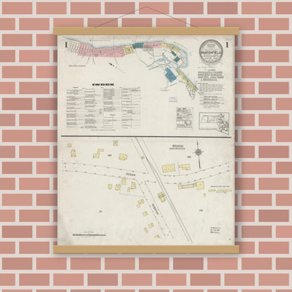 Old map wall art mockup — magnetic wood frame on brick wall — Sanborn Fire Insurance Map from Marshfield, Plymouth County, Massachusetts (1925) - Complete Map Set