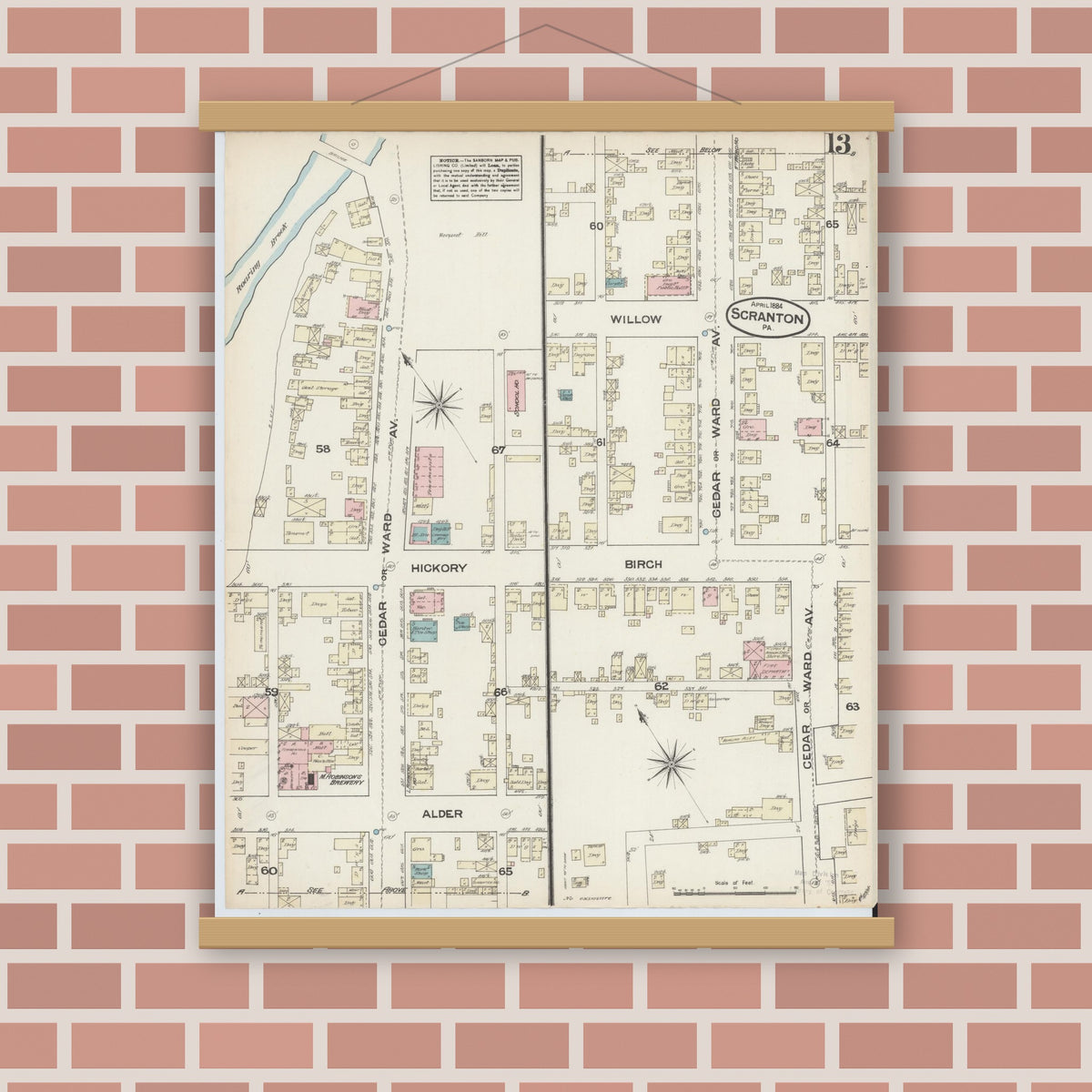 Old map wall art mockup — magnetic wood frame on brick wall — Sanborn Fire Insurance Map from Scranton, Lackawanna County, Pennsylvania (1884), Sheet #0013