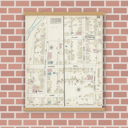 Old map wall art mockup — magnetic wood frame on brick wall — Sanborn Fire Insurance Map from Scranton, Lackawanna County, Pennsylvania (1884), Sheet #0013