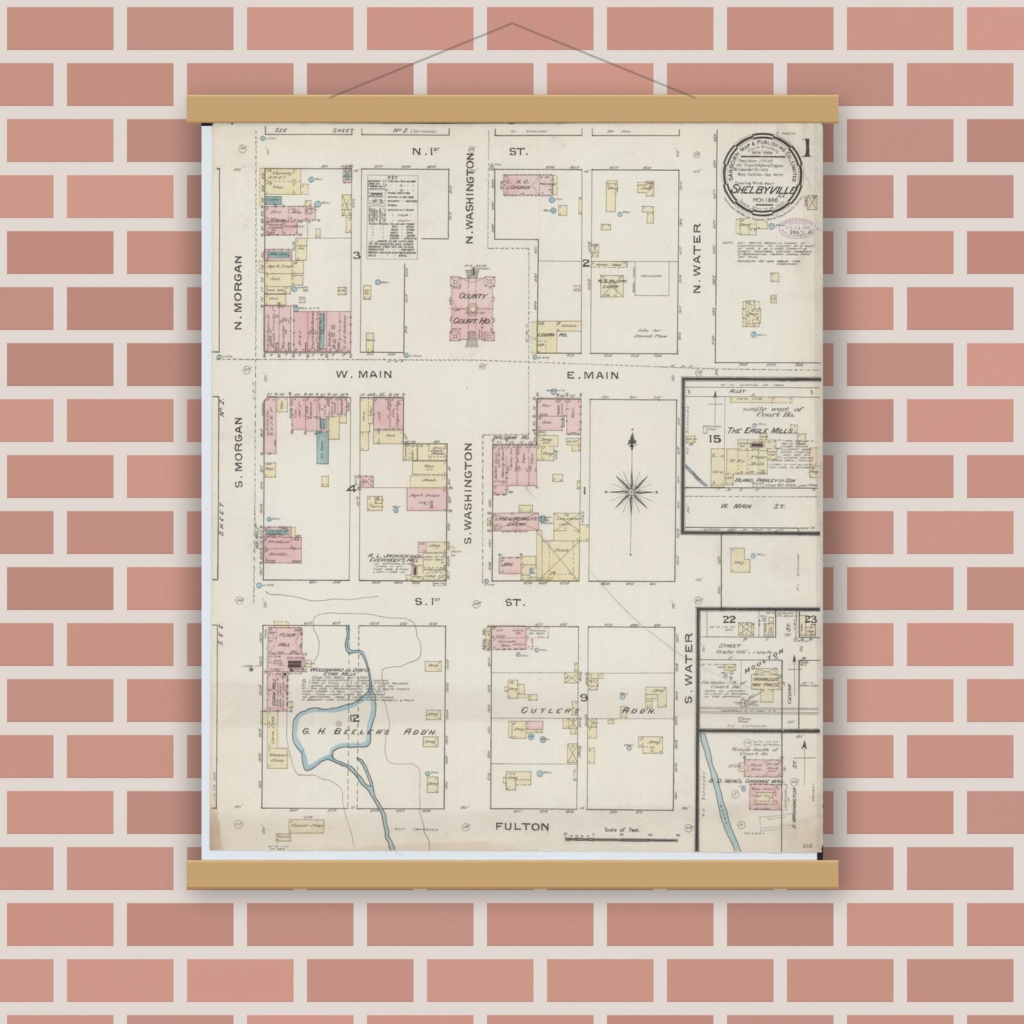 Old map wall art mockup — magnetic wood frame on brick wall — Sanborn Fire Insurance Map from Shelbyville, Shelby County, Illinois (1886) - Complete Map Set