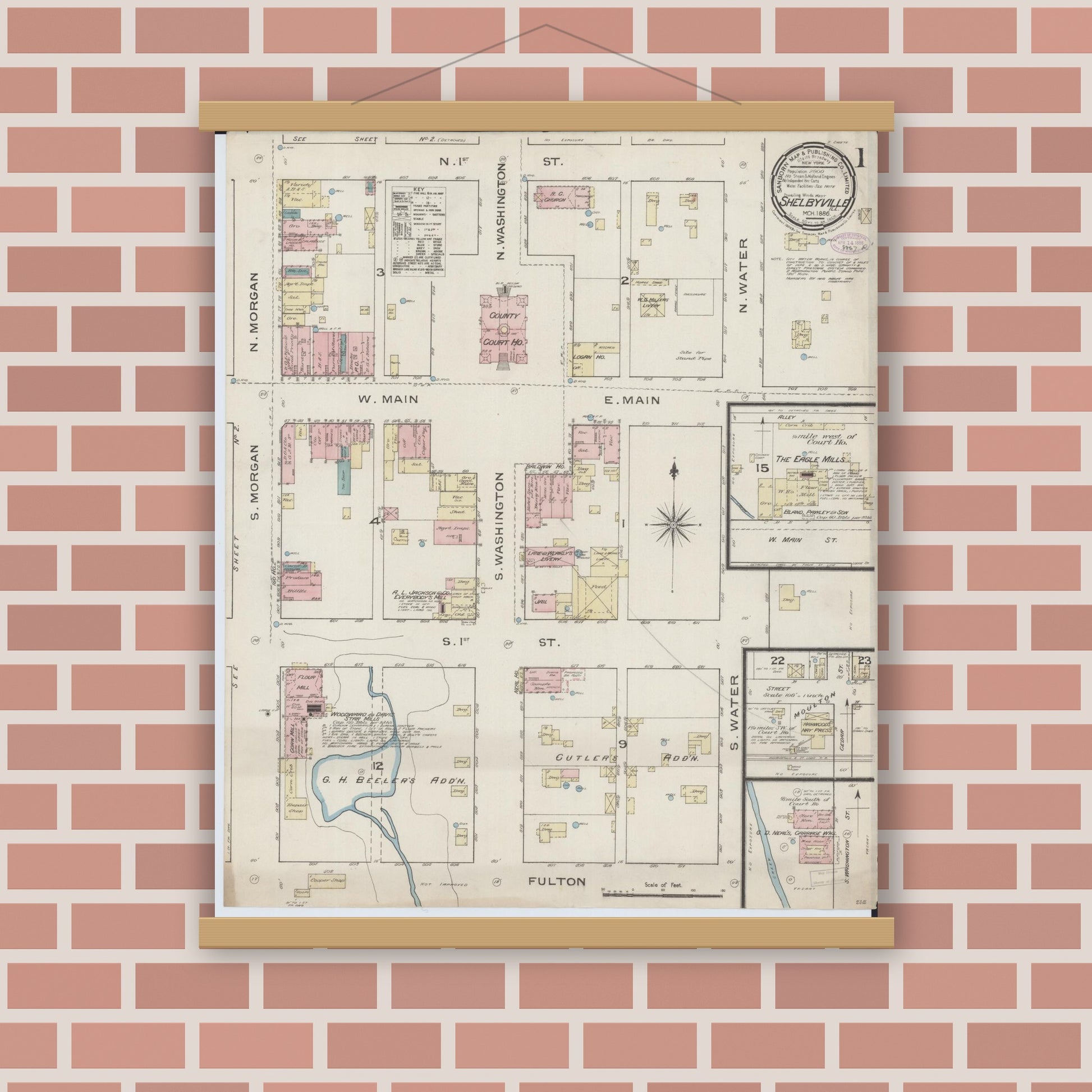Old map wall art mockup — magnetic wood frame on brick wall — Sanborn Fire Insurance Map from Shelbyville, Shelby County, Illinois (1886) - Complete Map Set