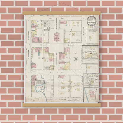 Old map wall art mockup — magnetic wood frame on brick wall — Sanborn Fire Insurance Map from Shelbyville, Shelby County, Illinois (1886) - Complete Map Set