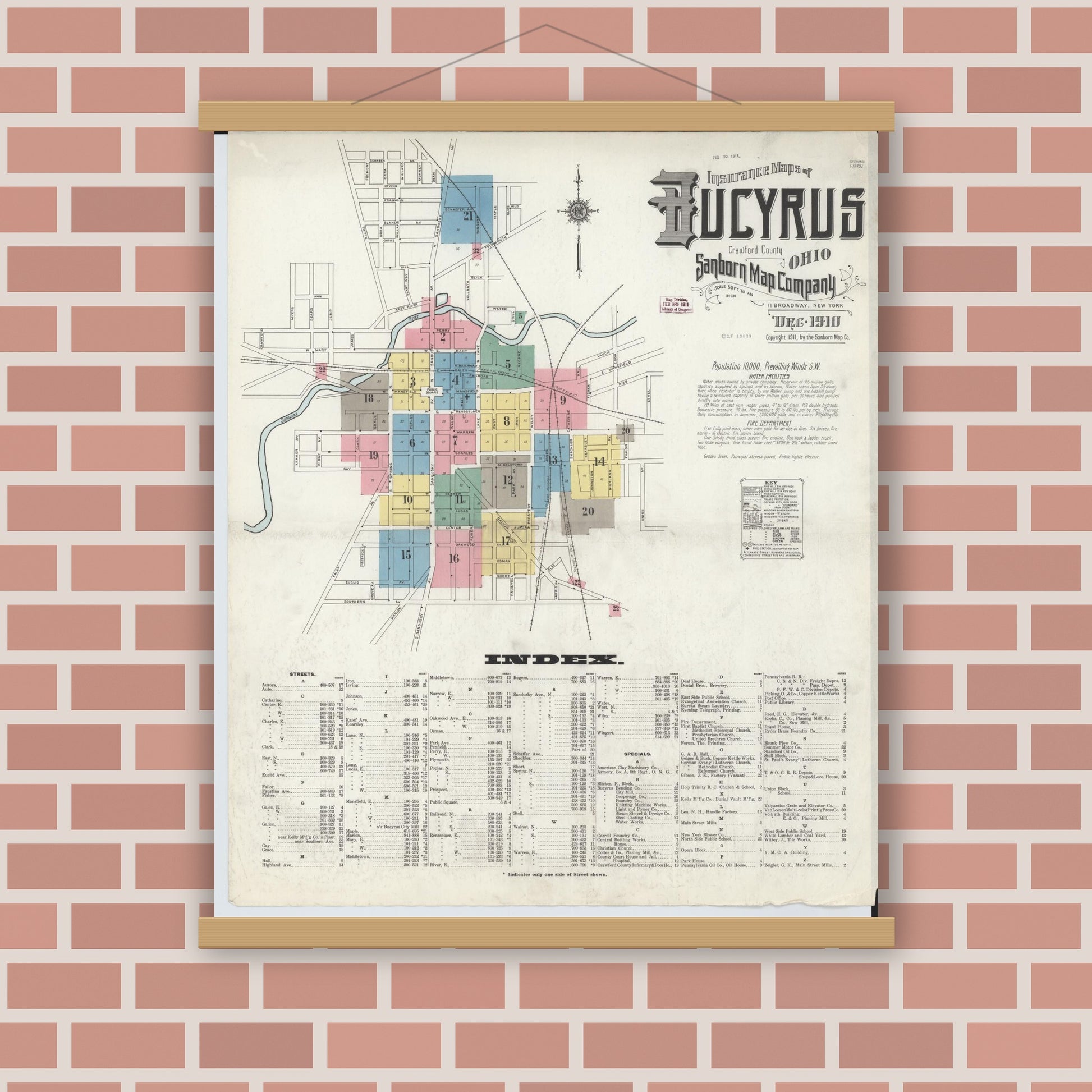 Old map wall art mockup — magnetic wood frame on brick wall — Sanborn Fire Insurance Map from Bucyrus, Crawford County, Ohio (1910) - Complete Map Set