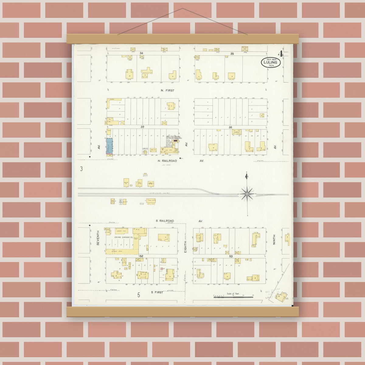 Old map wall art mockup — magnetic wood frame on brick wall — Sanborn Fire Insurance Map from Luling, Caldwell County, Texas (1907), Sheet #0004