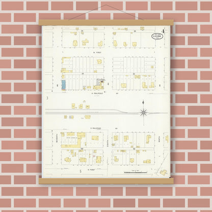 Old map wall art mockup — magnetic wood frame on brick wall — Sanborn Fire Insurance Map from Luling, Caldwell County, Texas (1907), Sheet #0004