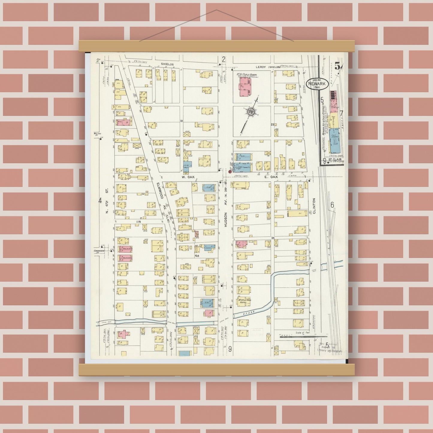Old map wall art mockup — magnetic wood frame on brick wall — Sanborn Fire Insurance Map from Newark, Licking County, Ohio (1912), Sheet #0005