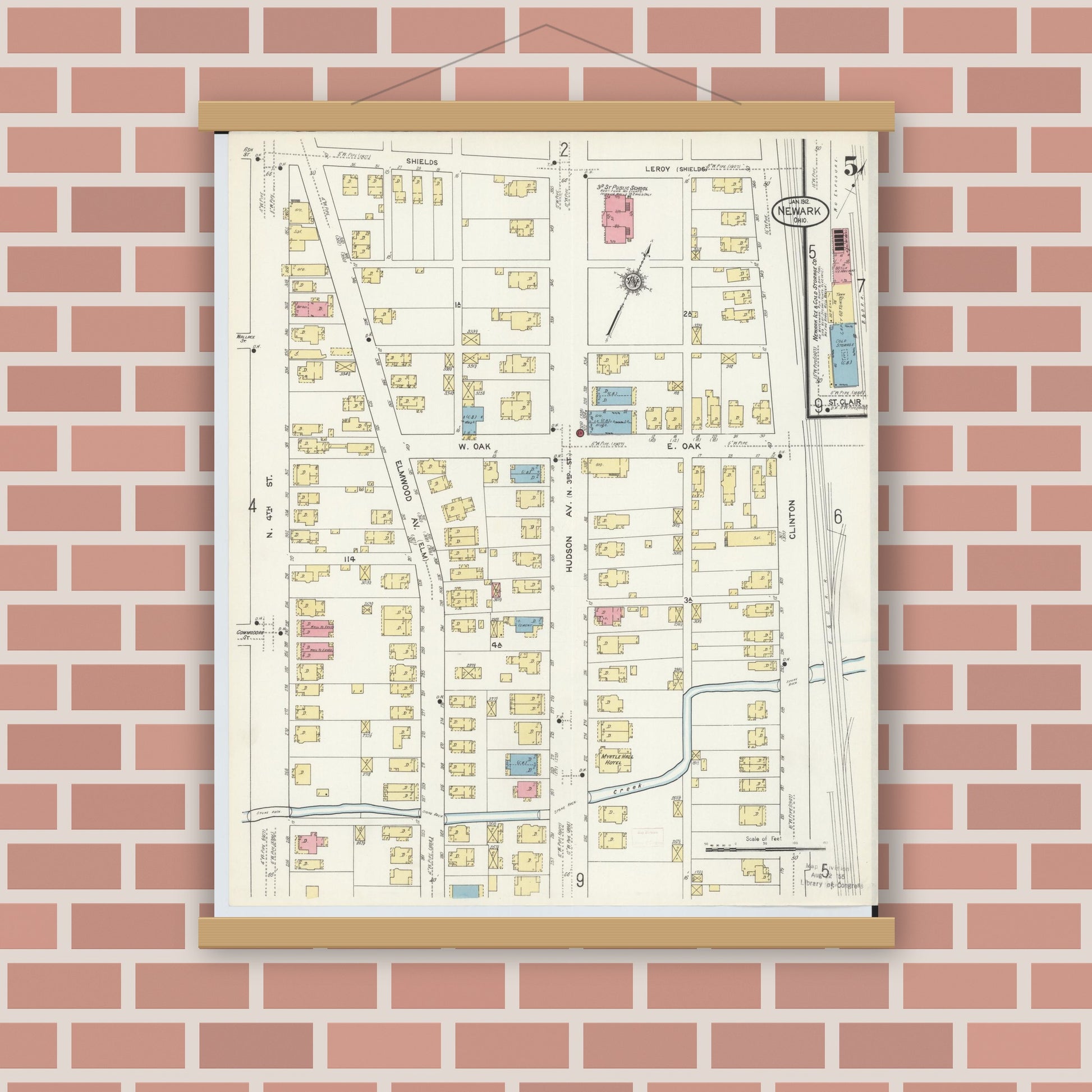 Old map wall art mockup — magnetic wood frame on brick wall — Sanborn Fire Insurance Map from Newark, Licking County, Ohio (1912), Sheet #0005