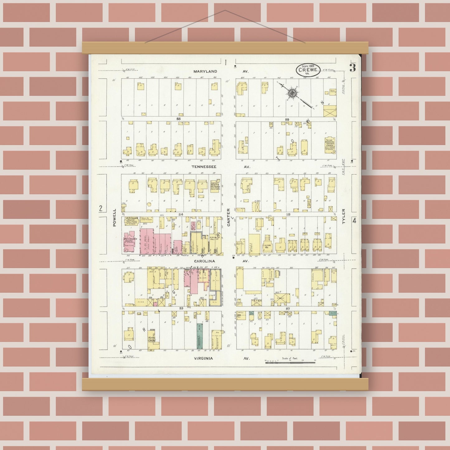 Old map wall art mockup — magnetic wood frame on brick wall — Sanborn Fire Insurance Map from Crewe, Nottoway County, Virginia (1909), Sheet #0003