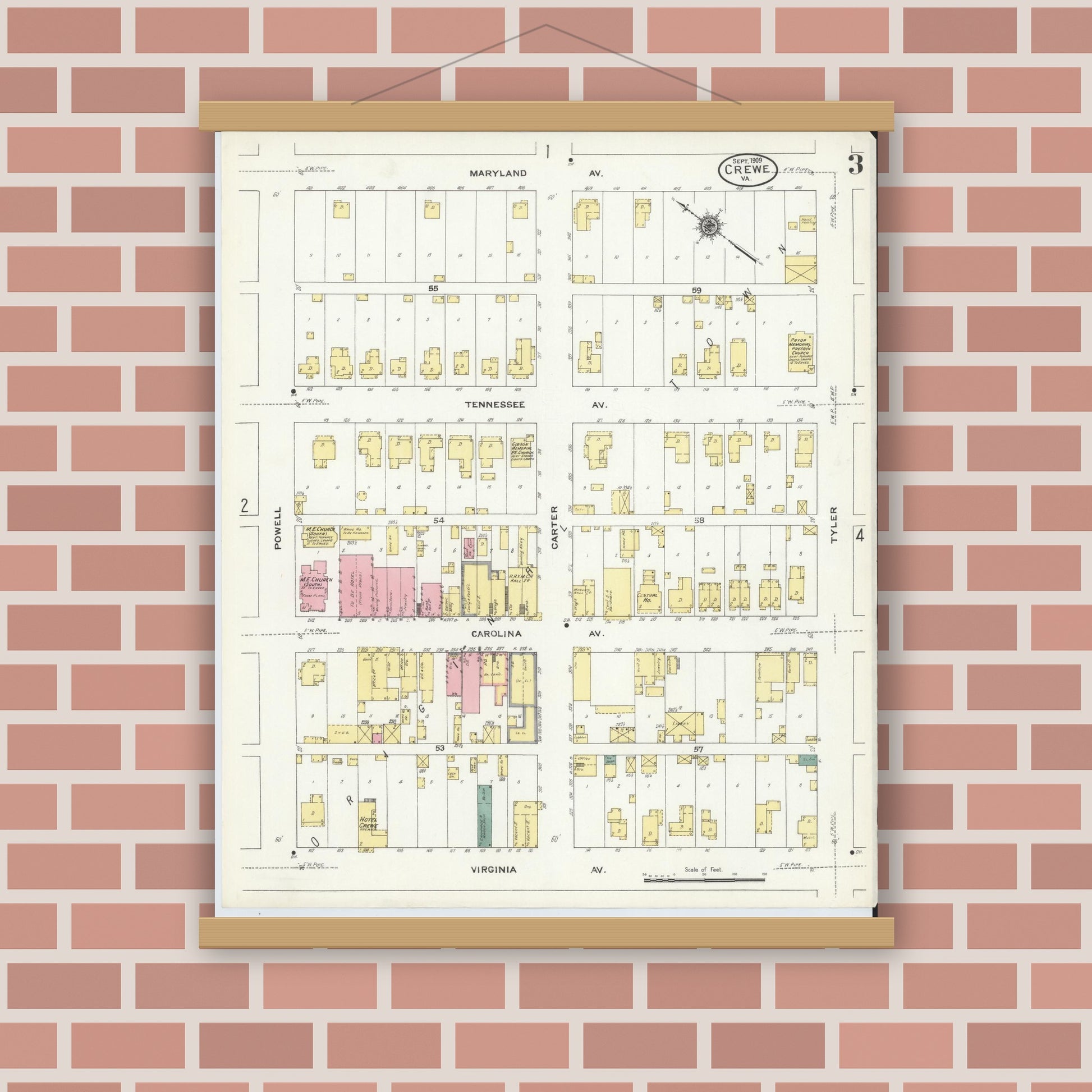 Old map wall art mockup — magnetic wood frame on brick wall — Sanborn Fire Insurance Map from Crewe, Nottoway County, Virginia (1909), Sheet #0003