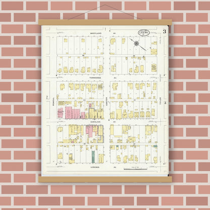 Old map wall art mockup — magnetic wood frame on brick wall — Sanborn Fire Insurance Map from Crewe, Nottoway County, Virginia (1909), Sheet #0003
