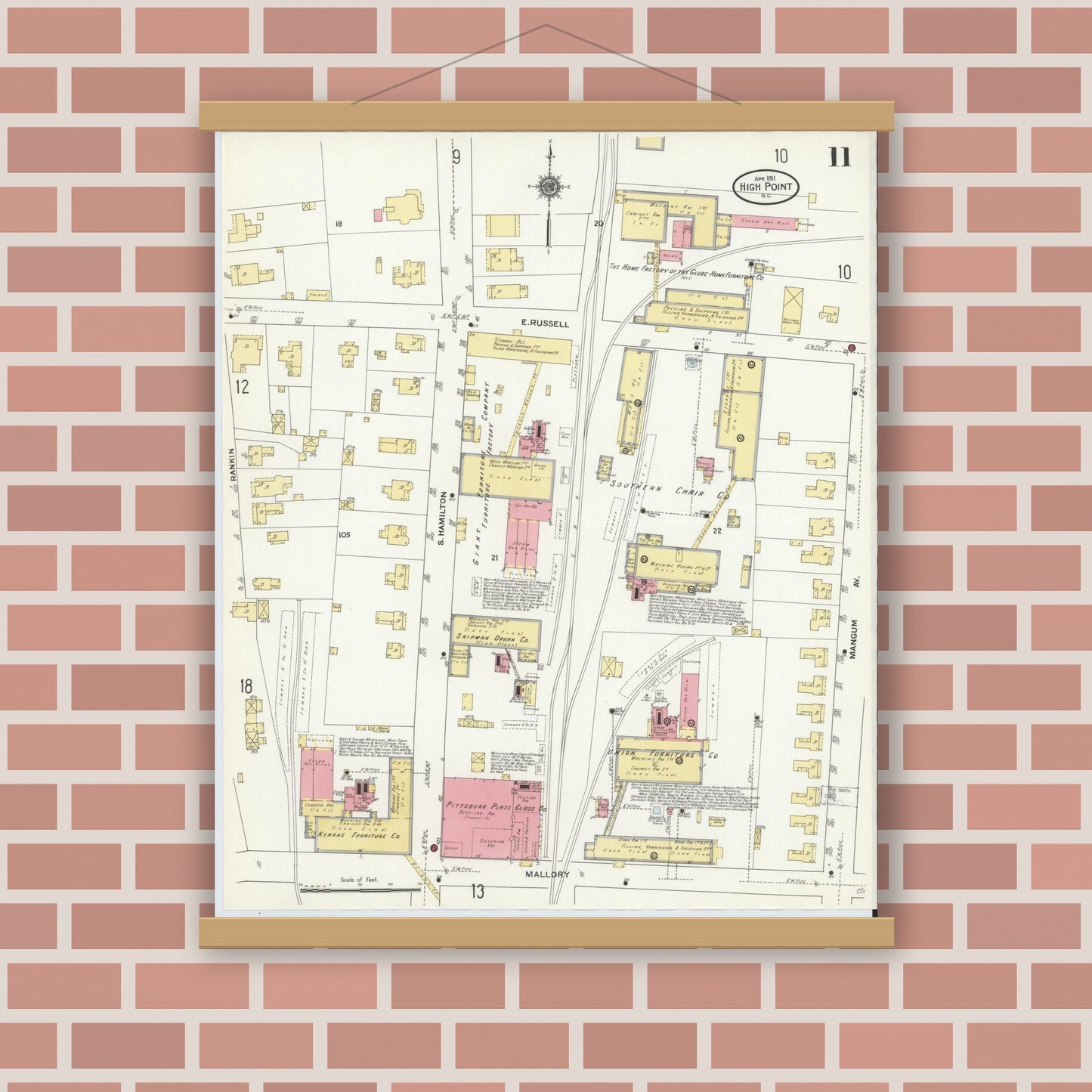 Old map wall art mockup — magnetic wood frame on brick wall — Sanborn Fire Insurance Map from High Point, Guilford County, North Carolina (1911), Sheet #0011