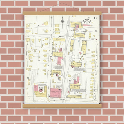 Old map wall art mockup — magnetic wood frame on brick wall — Sanborn Fire Insurance Map from High Point, Guilford County, North Carolina (1911), Sheet #0011