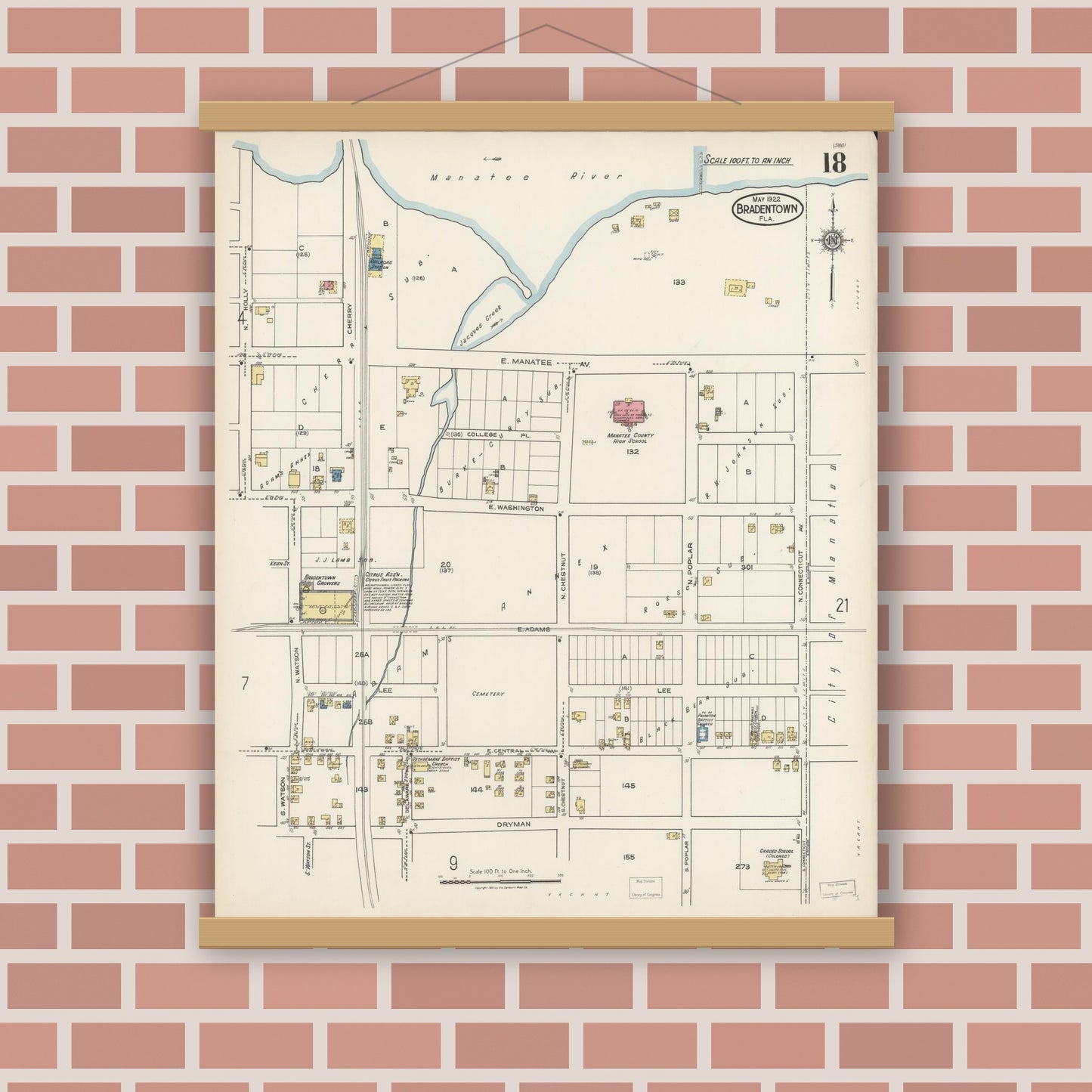 Old map wall art mockup — magnetic wood frame on brick wall — Sanborn Fire Insurance Map from Bradentown, Manatee County, Florida (1922), Sheet #0018