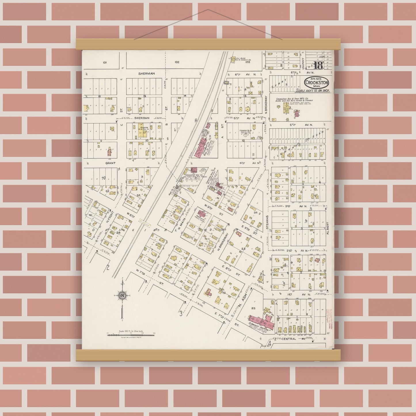 Old map wall art mockup — magnetic wood frame on brick wall — Sanborn Fire Insurance Map from Crookston, Polk County, Minnesota (1922), Sheet #0018