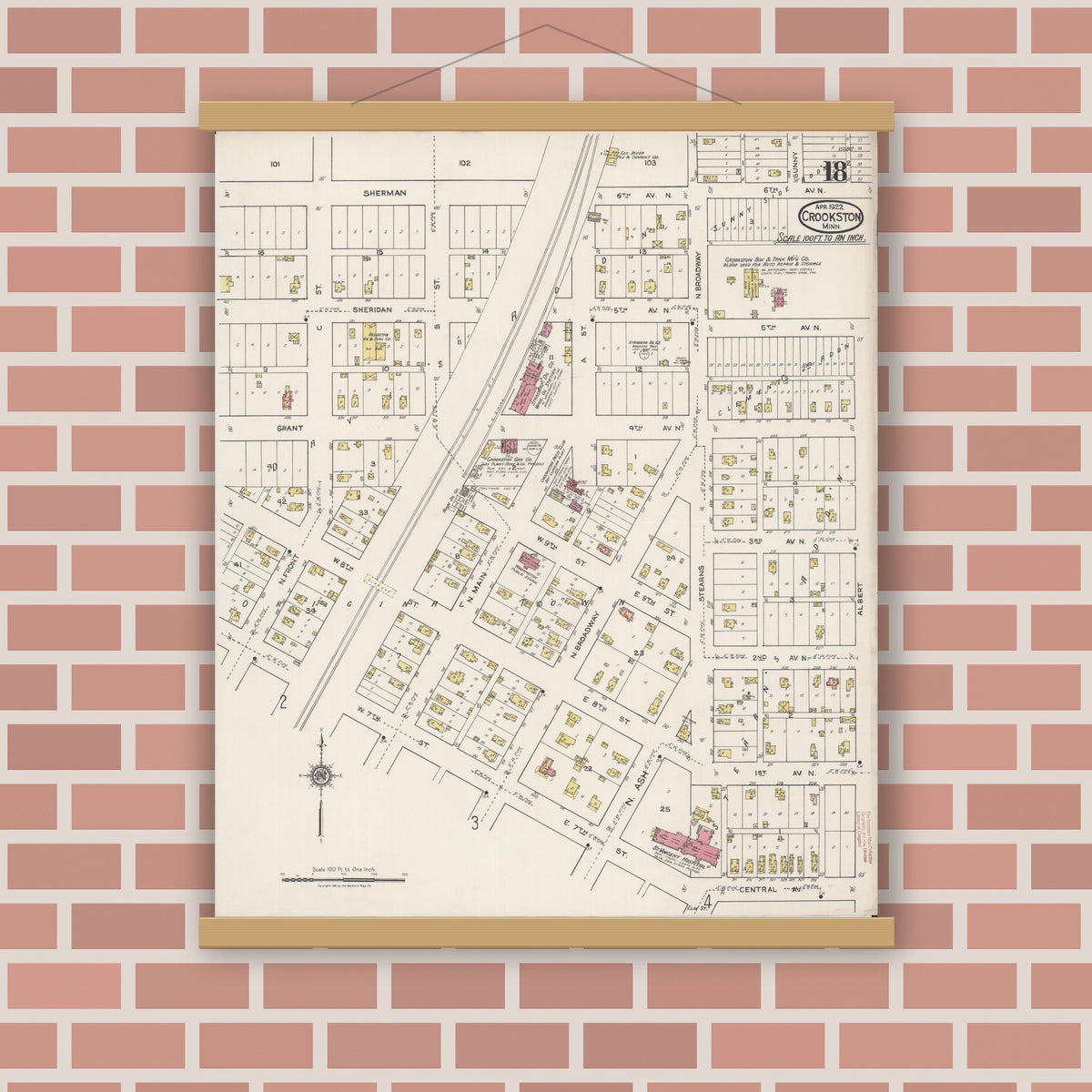Old map wall art mockup — magnetic wood frame on brick wall — Sanborn Fire Insurance Map from Crookston, Polk County, Minnesota (1922), Sheet #0018