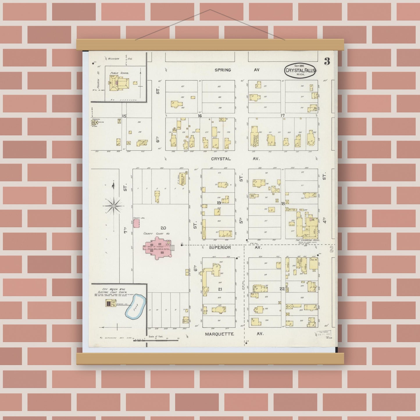 Old map wall art mockup — magnetic wood frame on brick wall — Sanborn Fire Insurance Map from Crystal Falls, Iron County, Michigan (1892), Sheet #0003