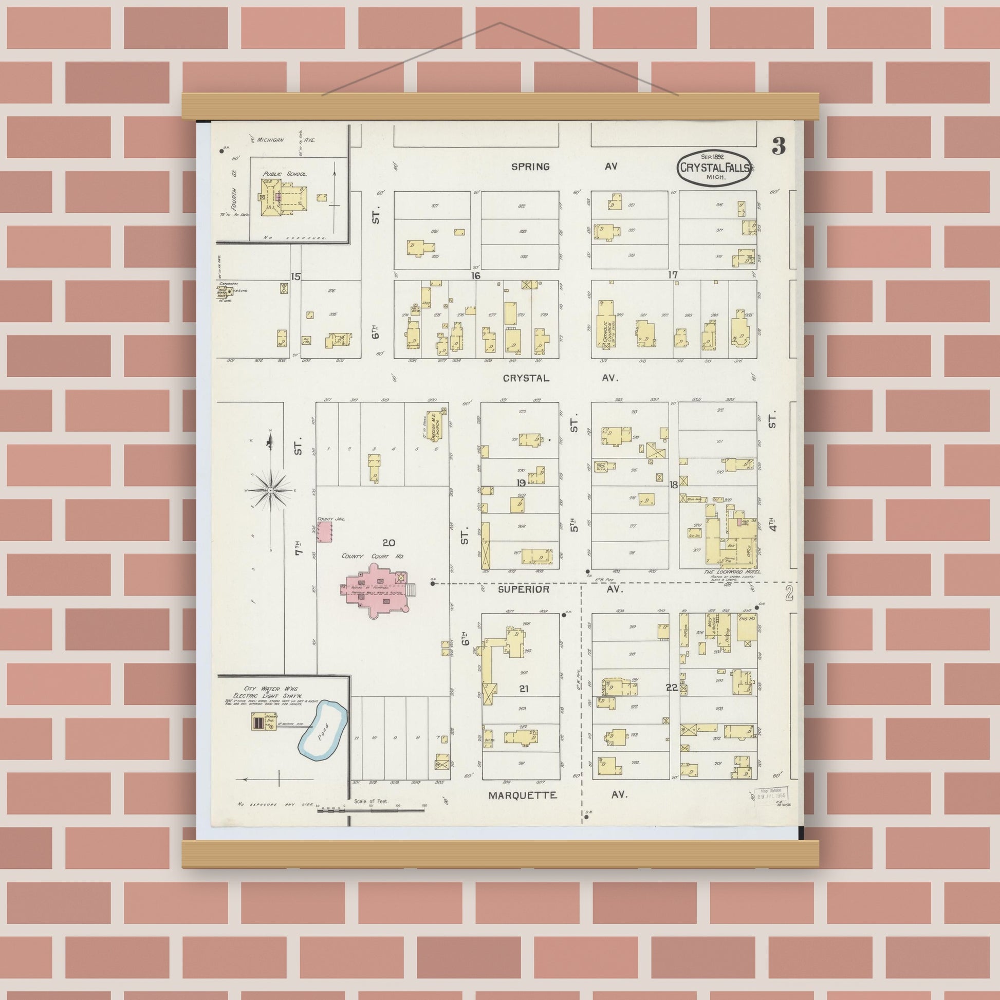 Old map wall art mockup — magnetic wood frame on brick wall — Sanborn Fire Insurance Map from Crystal Falls, Iron County, Michigan (1892), Sheet #0003
