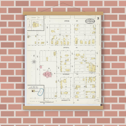 Old map wall art mockup — magnetic wood frame on brick wall — Sanborn Fire Insurance Map from Crystal Falls, Iron County, Michigan (1892), Sheet #0003