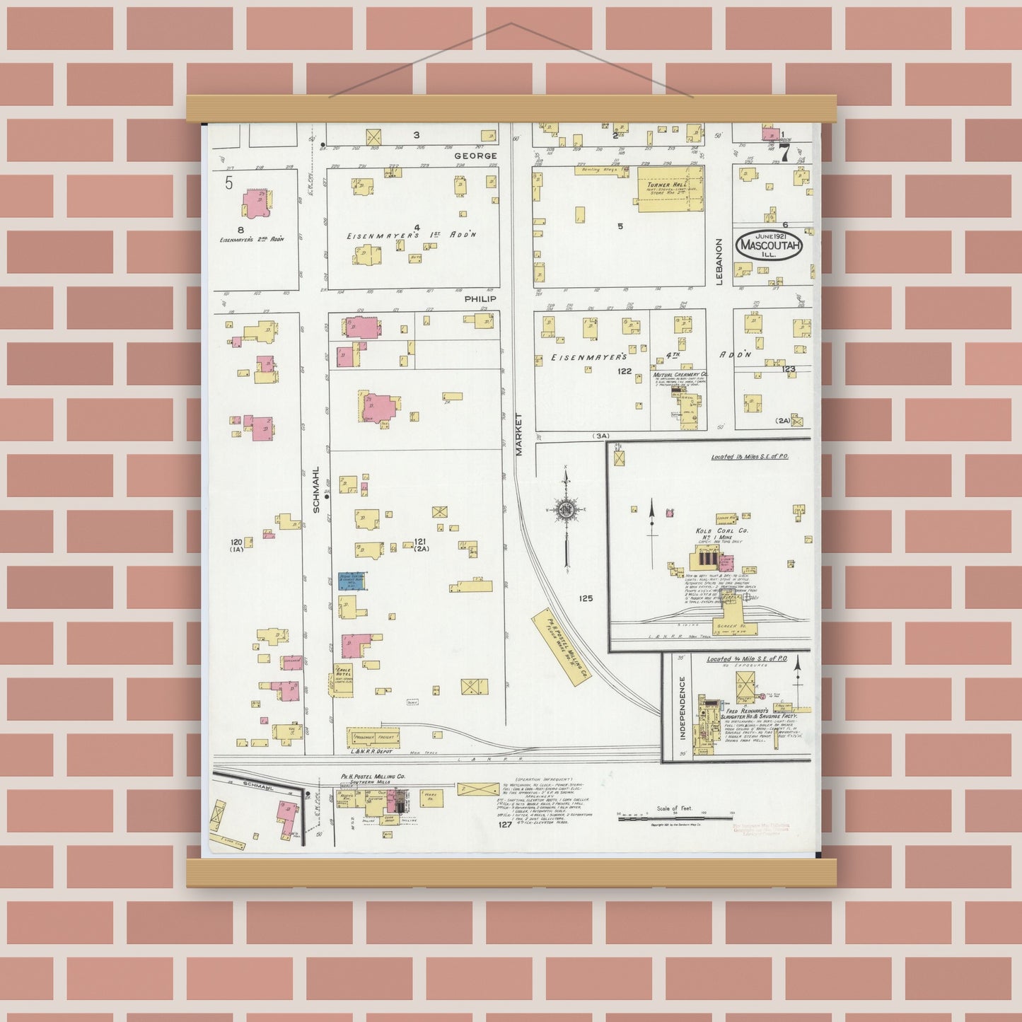 Old map wall art mockup — magnetic wood frame on brick wall — Sanborn Fire Insurance Map from Mascoutah, Saint Clair County, Illinois (1921), Sheet #0007
