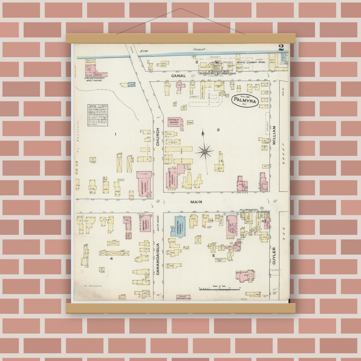 Old map wall art mockup — magnetic wood frame on brick wall — Sanborn Fire Insurance Map from Palmyra, Wayne County, New York (1884) - Complete Map Set