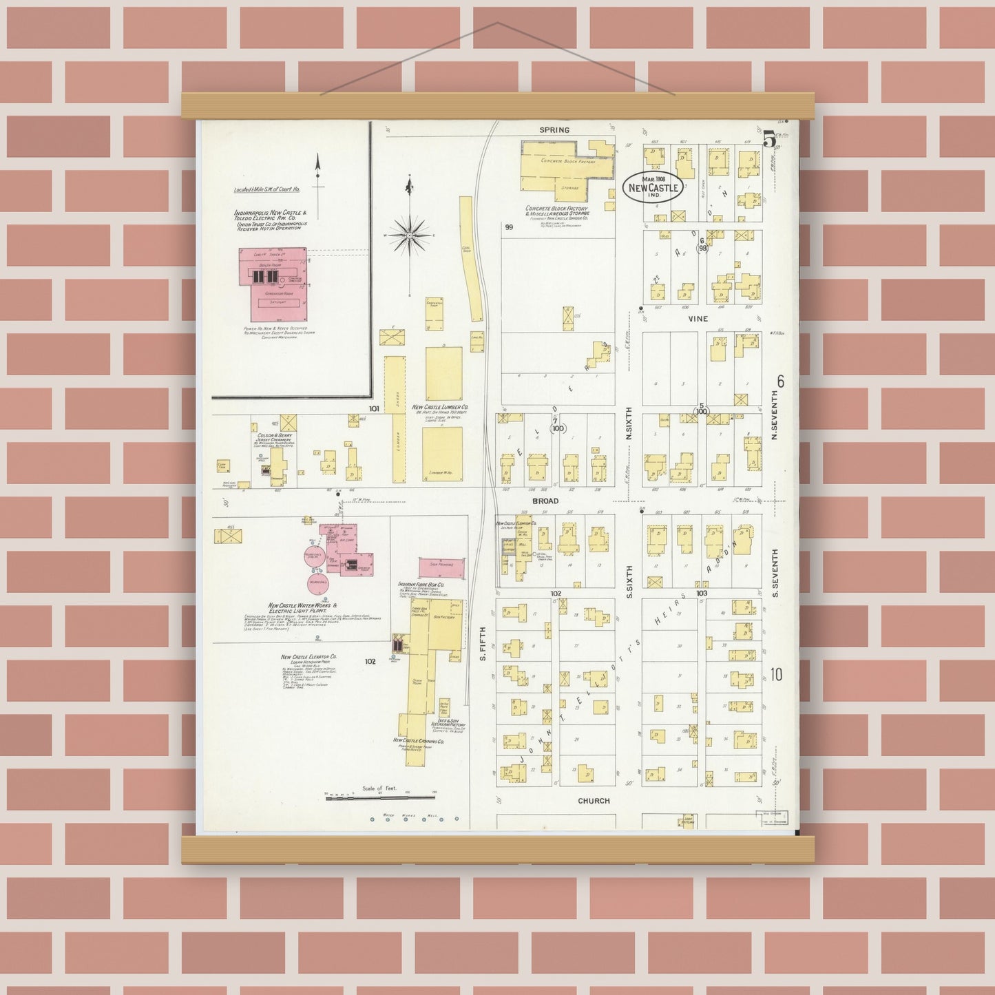 Old map wall art mockup — magnetic wood frame on brick wall — Sanborn Fire Insurance Map from New Castle, Henry County, Indiana (1908), Sheet #0005