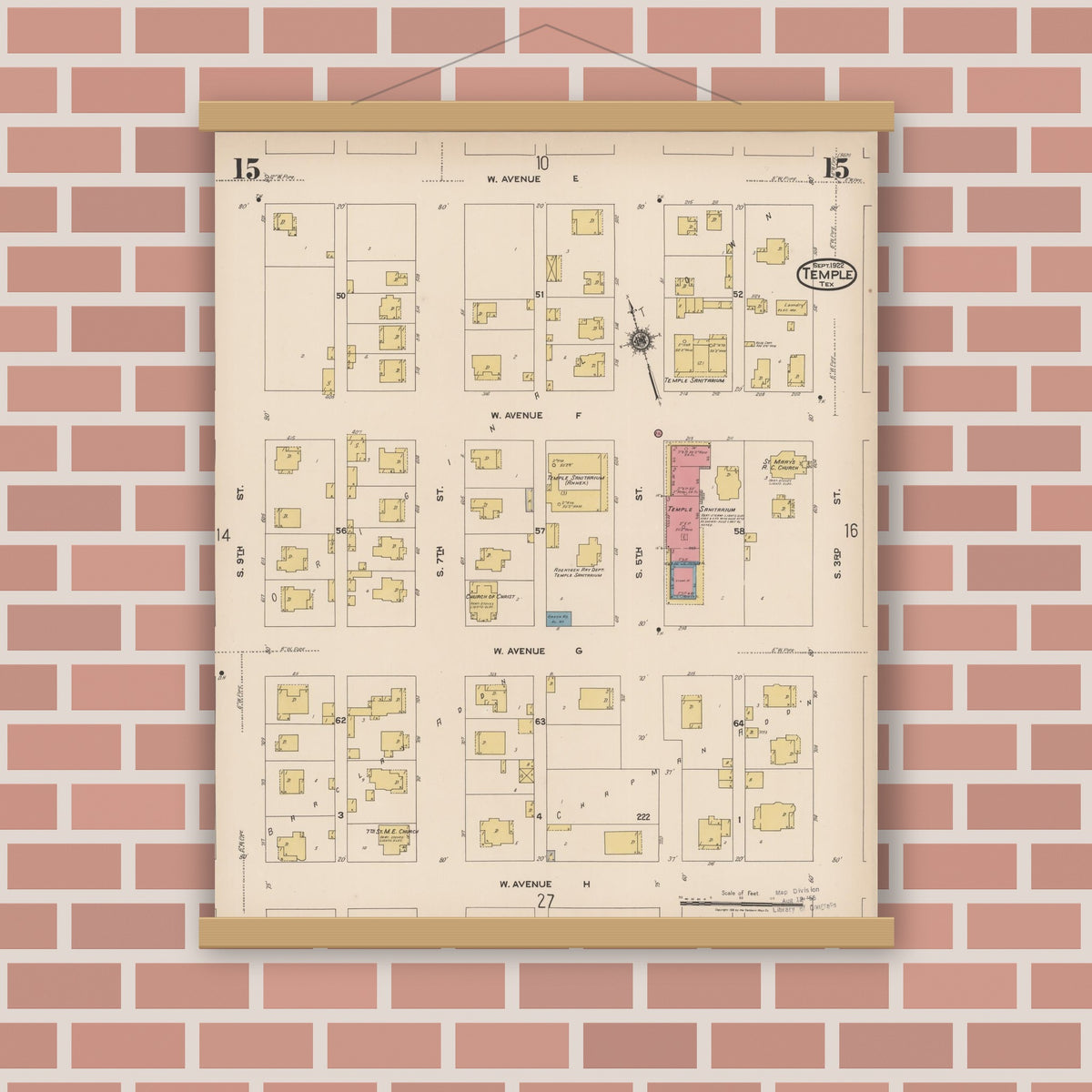 Old map wall art mockup — magnetic wood frame on brick wall — Sanborn Fire Insurance Map from Temple, Bell County, Texas (1922), Sheet #0015