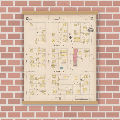 Old map wall art mockup — magnetic wood frame on brick wall — Sanborn Fire Insurance Map from Temple, Bell County, Texas (1922), Sheet #0015
