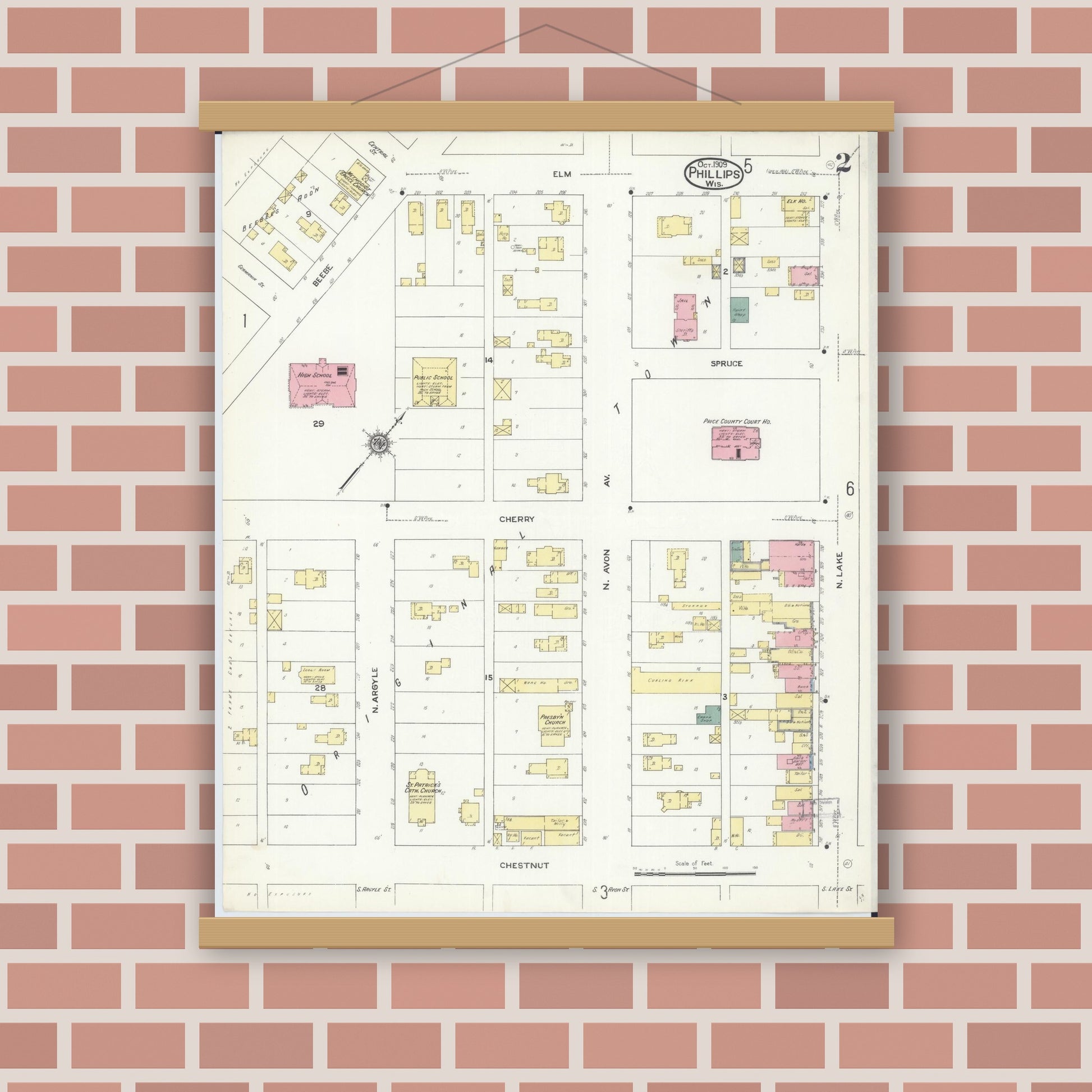 Old map wall art mockup — magnetic wood frame on brick wall — Sanborn Fire Insurance Map from Phillips, Price County, Wisconsin (1909), Sheet #0002
