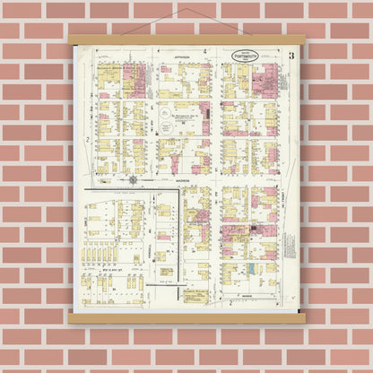 Old map wall art mockup — magnetic wood frame on brick wall — Sanborn Fire Insurance Map from Portsmouth, Scioto County, Ohio (1911), Sheet #0003