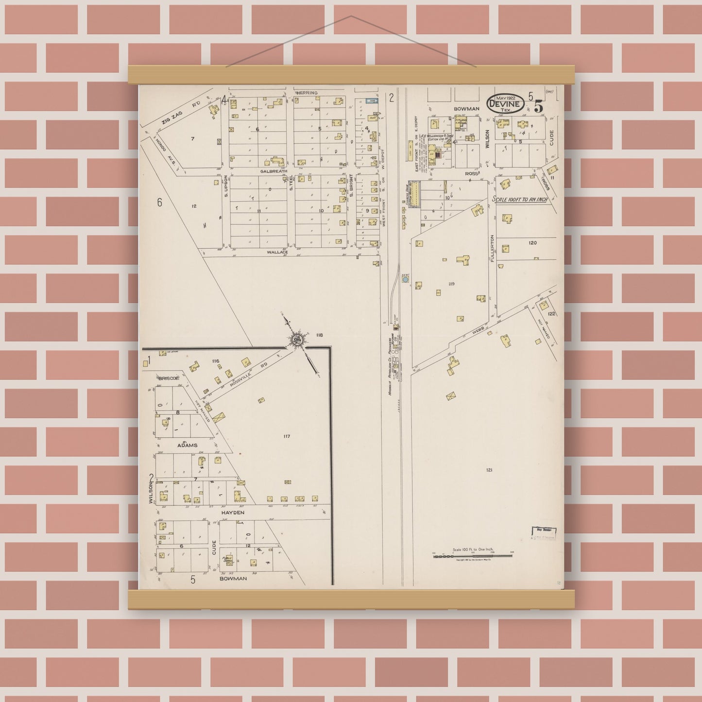 Old map wall art mockup — magnetic wood frame on brick wall — Sanborn Fire Insurance Map from Devine, Medina County, Texas (1922), Sheet #0005