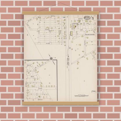 Old map wall art mockup — magnetic wood frame on brick wall — Sanborn Fire Insurance Map from Devine, Medina County, Texas (1922), Sheet #0005