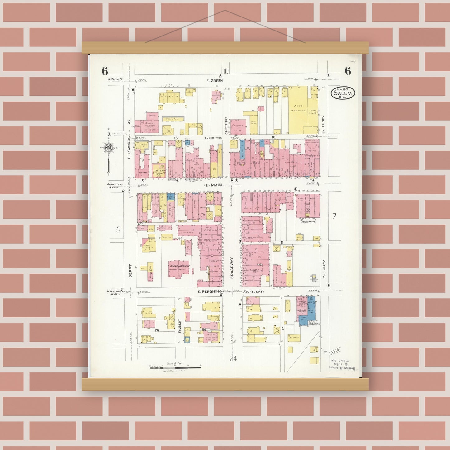 Old map wall art mockup — magnetic wood frame on brick wall — Sanborn Fire Insurance Map from Salem, Columbiana County, Ohio (1926), Sheet #0006