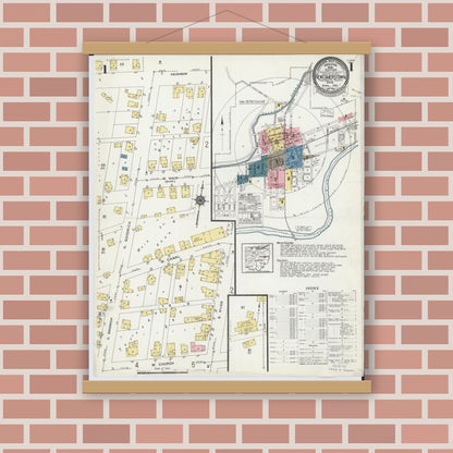Old map wall art mockup — magnetic wood frame on brick wall — Sanborn Fire Insurance Map from Newcomerstown, Tuscarawas County, Ohio (1924) - Complete Map Set