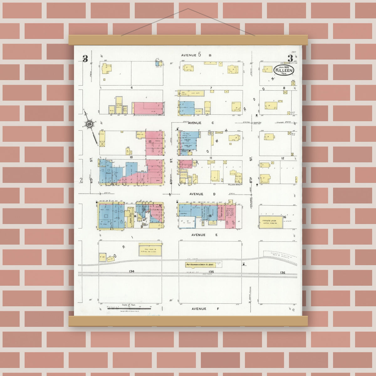 Old map wall art mockup — magnetic wood frame on brick wall — Sanborn Fire Insurance Map from Killeen, Bell County, Texas (1926), Sheet #0003