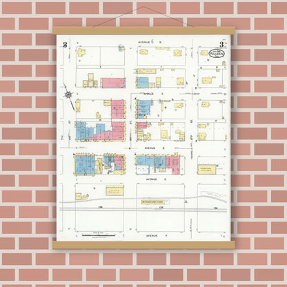 Old map wall art mockup — magnetic wood frame on brick wall — Sanborn Fire Insurance Map from Killeen, Bell County, Texas (1926), Sheet #0003