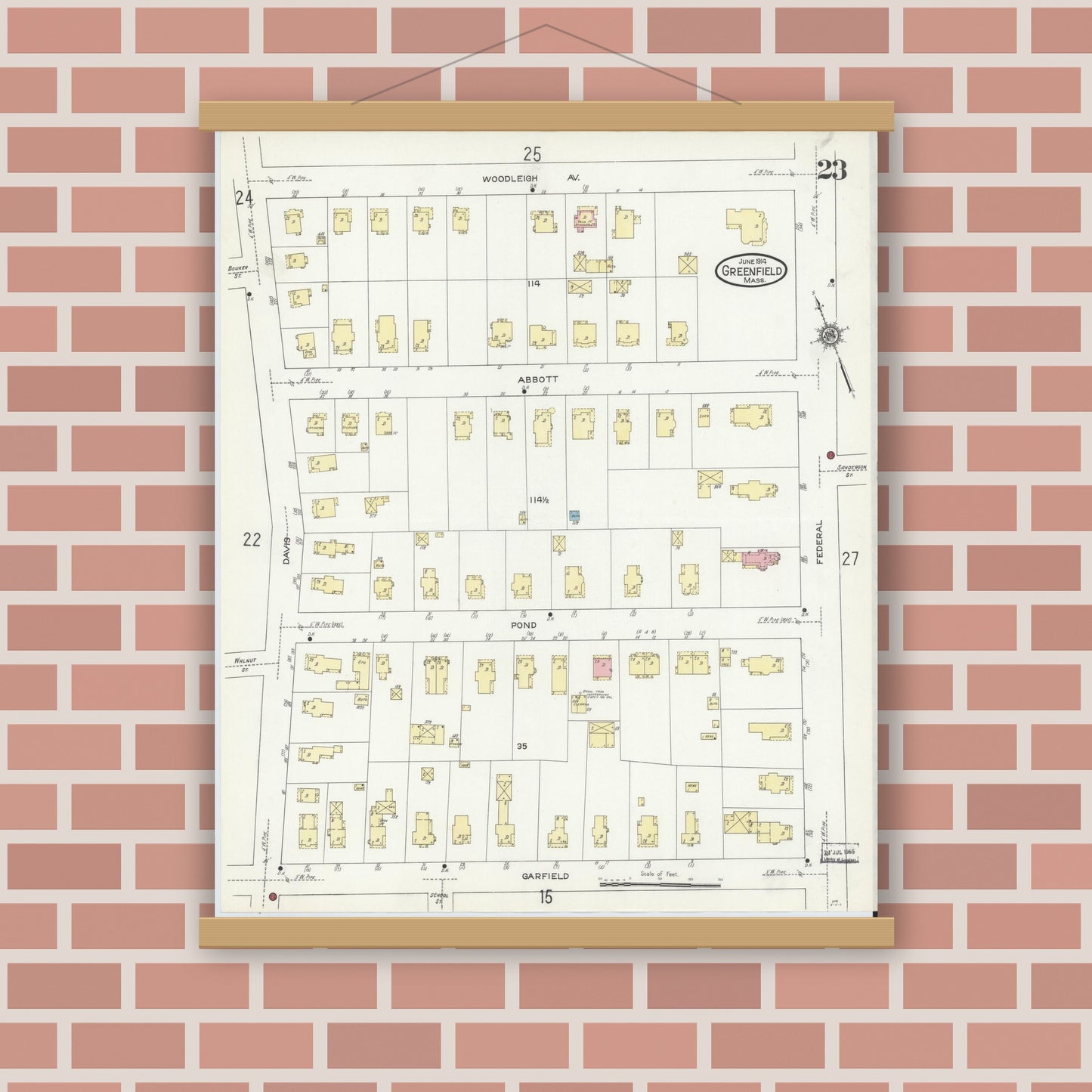 Old map wall art mockup — magnetic wood frame on brick wall — Sanborn Fire Insurance Map from Greenfield, Franklin County, Massachusetts (1914), Sheet #0023