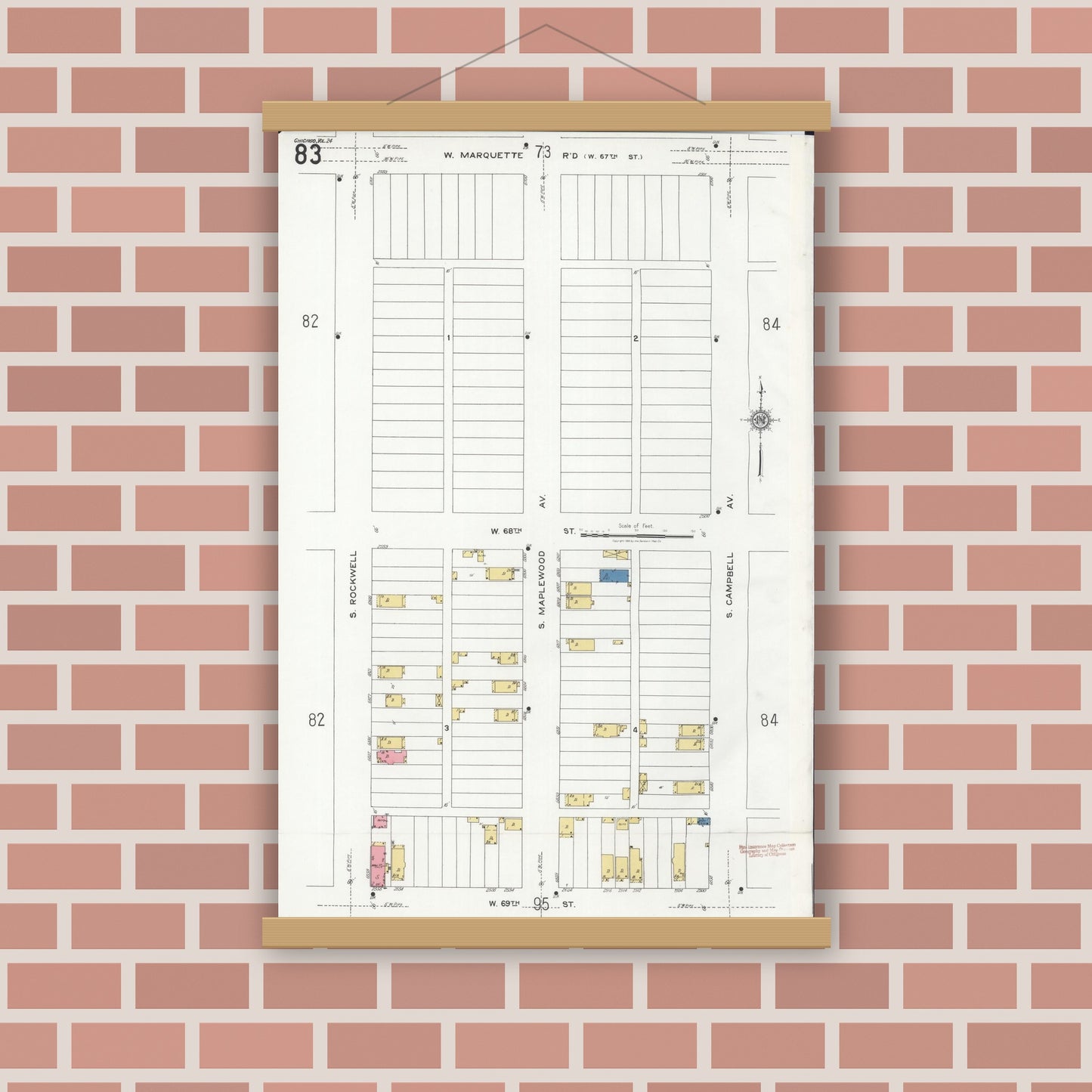 Old map wall art mockup — magnetic wood frame on brick wall — Sanborn Fire Insurance Map from Chicago, Cook County, Illinois (1920), Sheet #0083